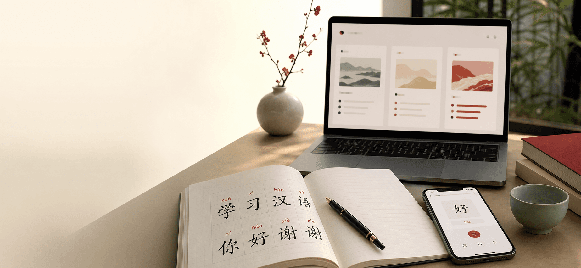 Premium Mandarin learning desk with notebook, phone and study materials